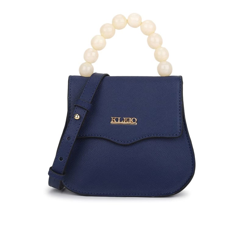 KLEIO Textured Leather Mini Handbag for Women - Royal Blue with Beaded Handle - Image 1